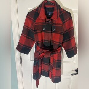 GAP Red & Black Plaid Belted Trench Coat